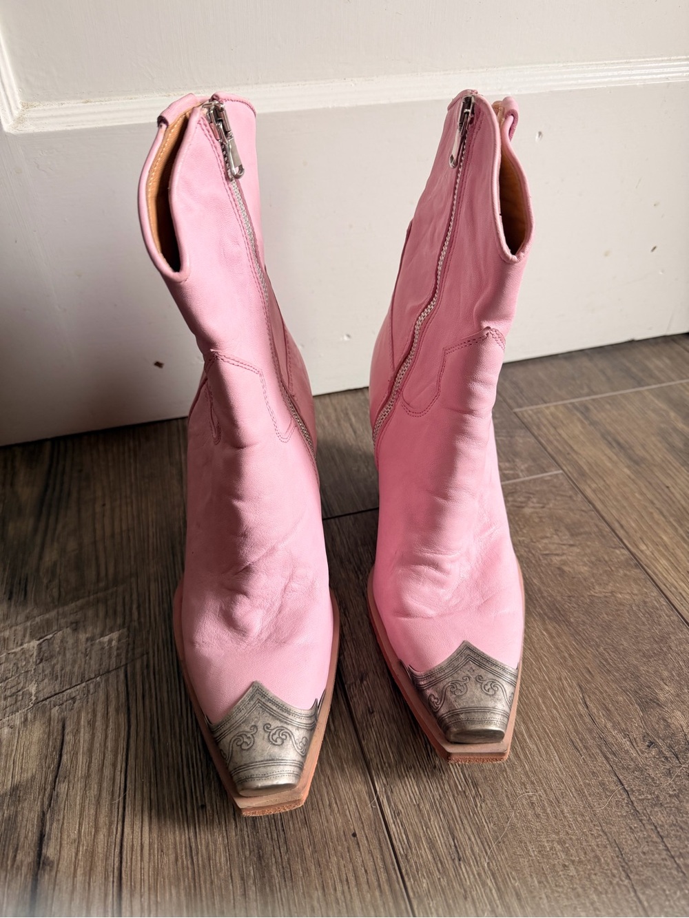 Free People Pink Leather Western Zip Ankle Boots with Metallic Toe - Picture 3 of 5